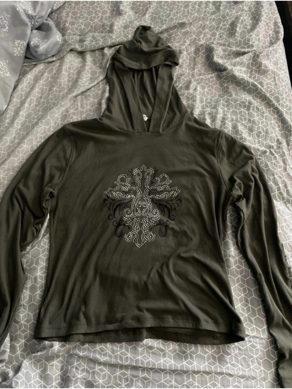 Stylish Olive Green Y2K Cross Hooded Top
